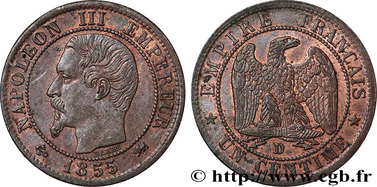 Un centime Napoléon III, tête nue, différent ancre 1855 Lyon F.102/20 SUP 