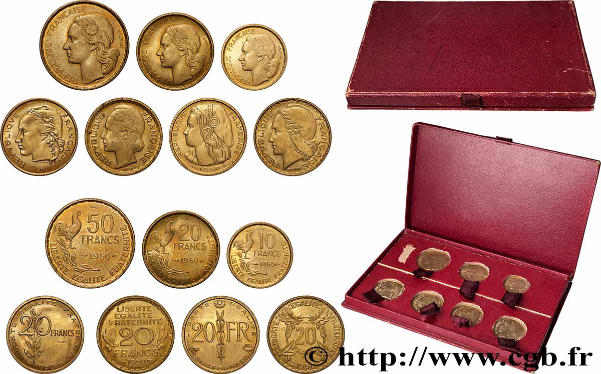 Boîte rouge contenant sept essais : les essais de 50 francs, 20 francs et 10 francs Guiraud + quatre essais du concours de 20 francs 1950 Paris GEM.210 3 MS 