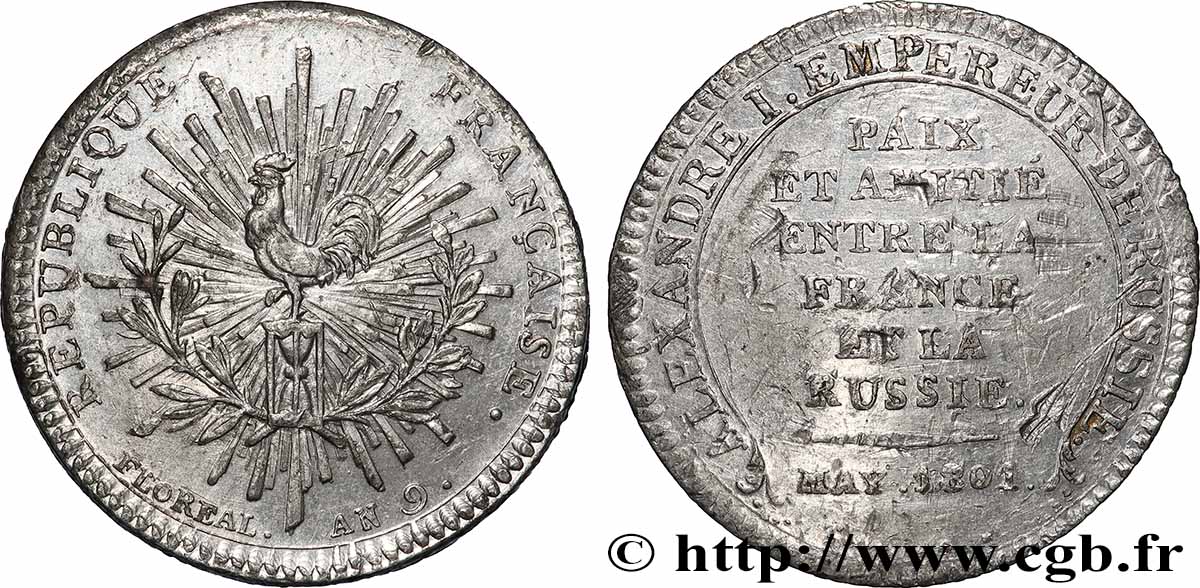 Reproduction en étain de l’Essai de Tiolier au module de 2 francs pour la paix franco-russe 1801 Paris Maz.590 b var. AU 