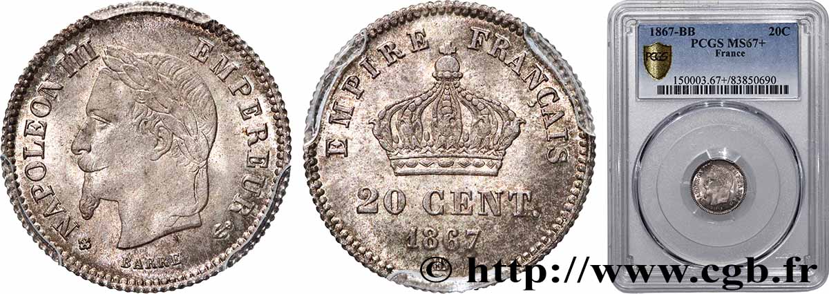 20 centimes Napoléon III, tête laurée, grand module 1867 Strasbourg F.150/2 FDC67 PCGS