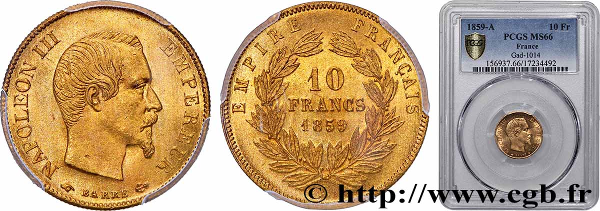10 francs or Napoléon III, tête nue 1859 Paris F.506/7 FDC66 PCGS