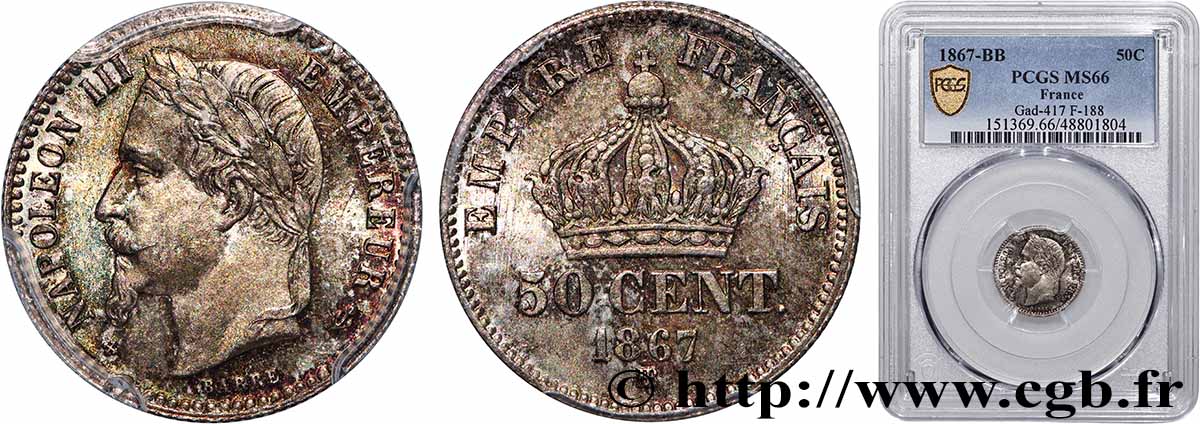 50 centimes Napoléon III, tête laurée 1867 Strasbourg F.188/15 FDC66 PCGS