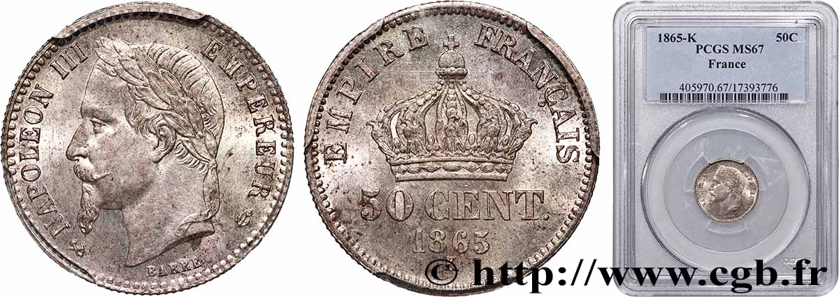50 centimes Napoléon III, tête laurée 1865 Bordeaux F.188/8 FDC67 PCGS