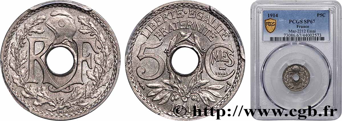 Essai de 5 centimes Lindauer, Cmes souligné 1914 Paris F.120/1 FDC67 PCGS
