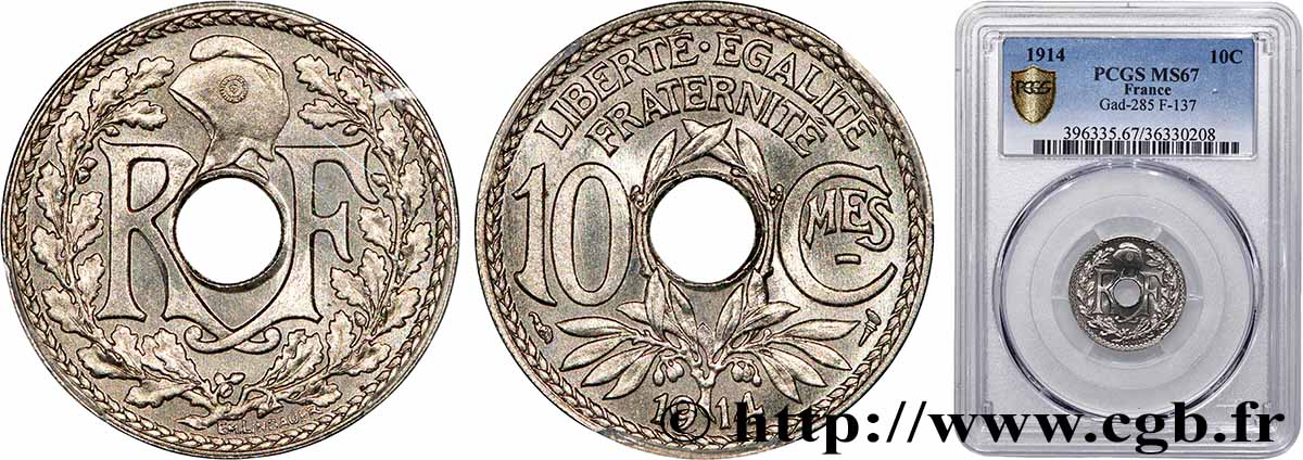 10 centimes Lindauer, Cmes souligné 1914 Paris F.137/2 FDC67 PCGS