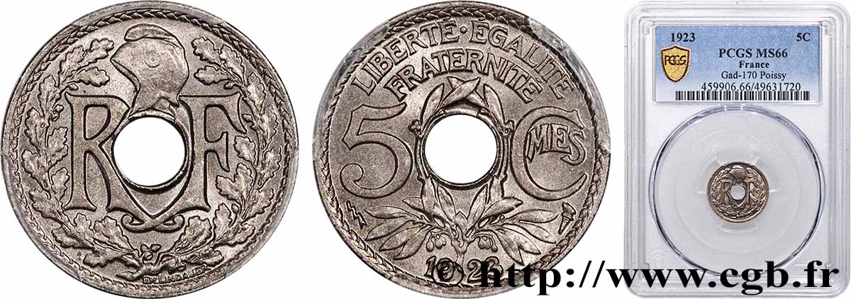 5 centimes Lindauer, petit module 1923 Poissy F.122/7 FDC66 PCGS