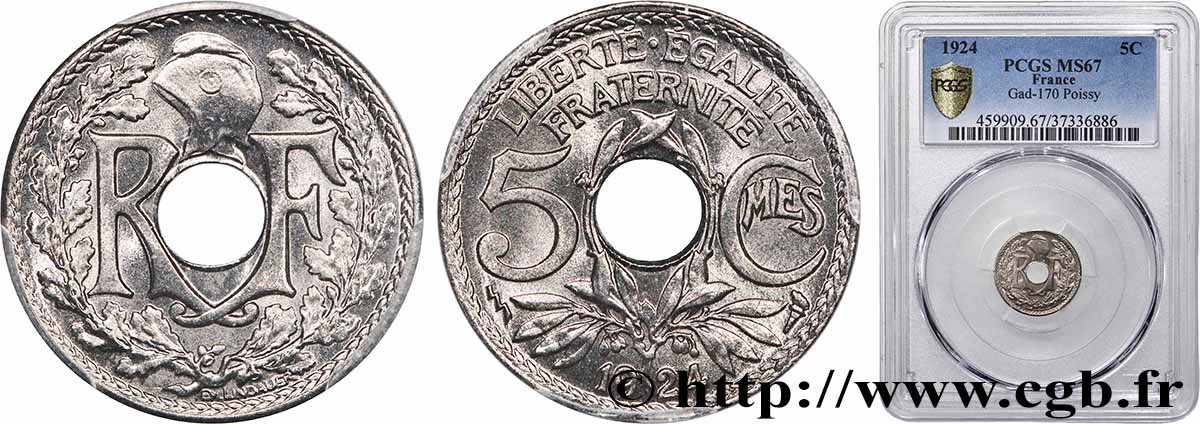 5 centimes Lindauer, petit module 1924 Poissy F.122/9 FDC67 PCGS