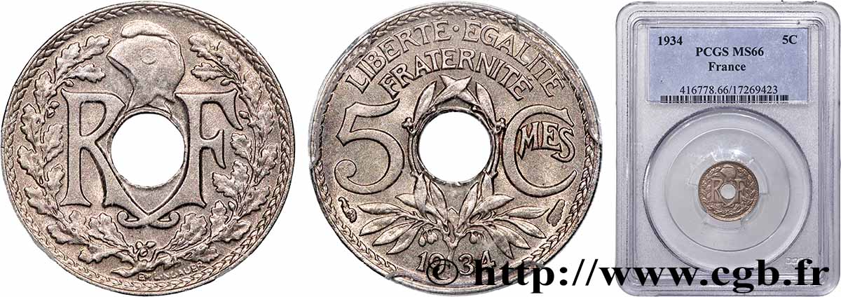 5 centimes Lindauer, petit module 1934 Paris F.122/17 FDC66 PCGS