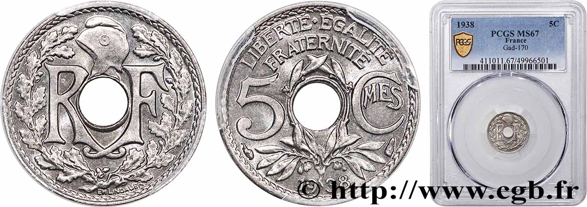 5 centimes Lindauer, petit module 1938 Paris F.122/21 FDC67 PCGS