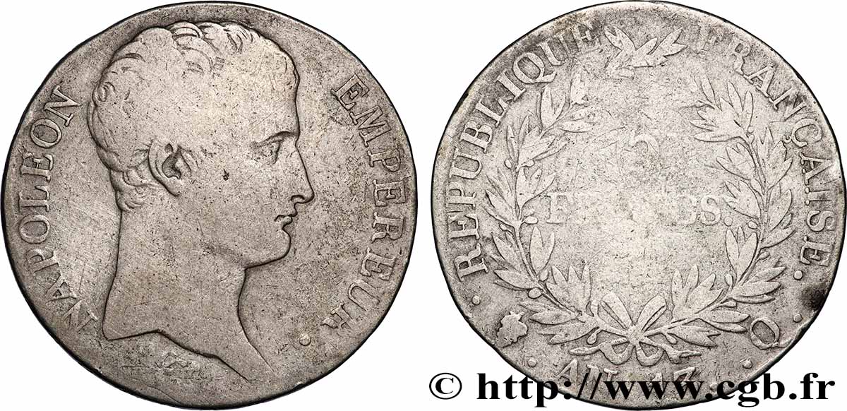 5 francs Napoléon Empereur, Calendrier révolutionnaire 1805 Perpignan F.303/15 VG 