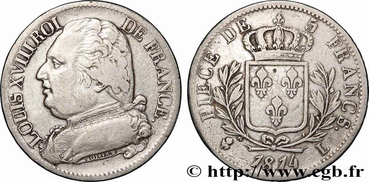 5 francs Louis XVIII, buste habillé 1814 Bayonne F.308/8 S 