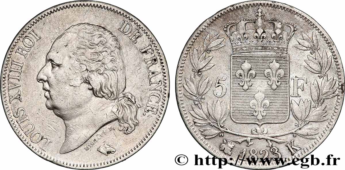 5 francs Louis XVIII, tête nue 1823 Bordeaux F.309/82 TB+ 