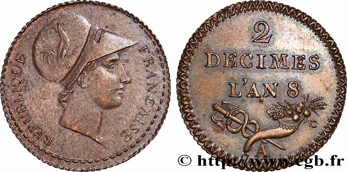 Essai de 2 décimes de Lorthior, en Laiton 1800 Paris Dupré.22 9.5 var. SPL 