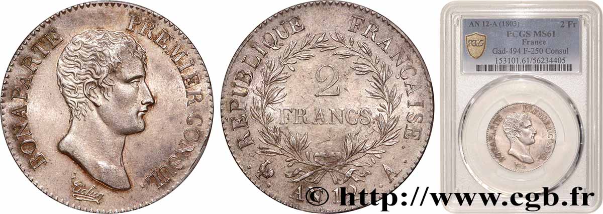 2 francs Bonaparte Premier Consul 1804 Paris F.250/1 MS61 PCGS