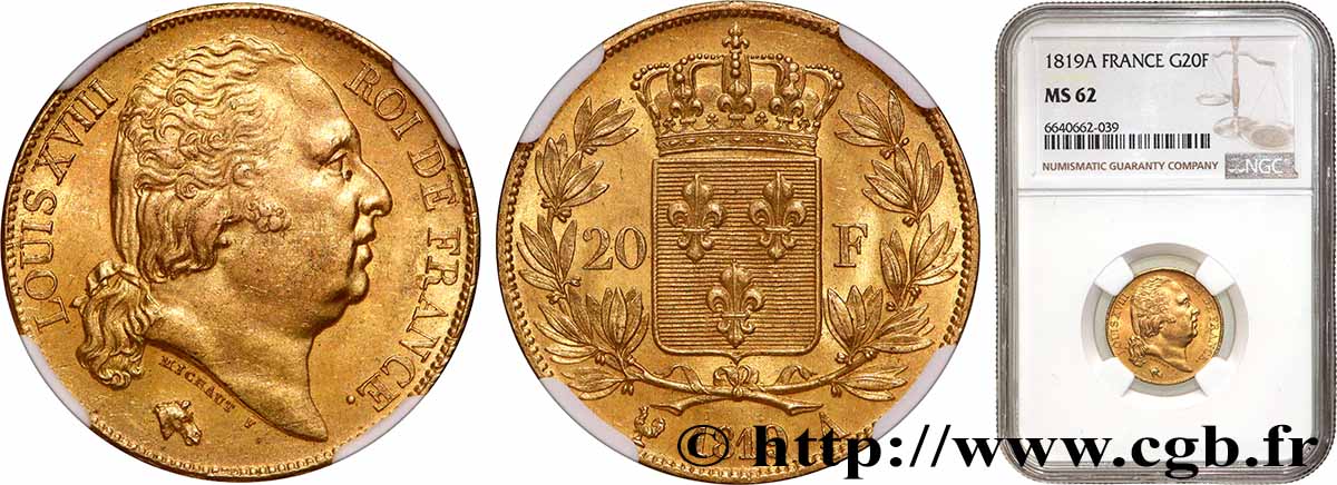 20 francs or Louis XVIII, tête nue 1819 Paris F.519/15 SUP62 NGC