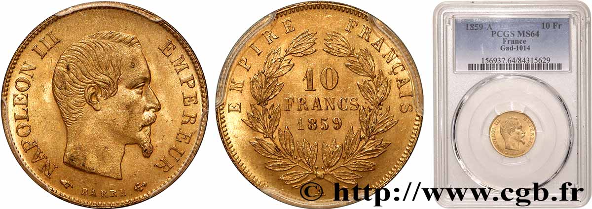 10 francs or Napoléon III, tête nue 1859 Paris F.506/7 MS64 PCGS