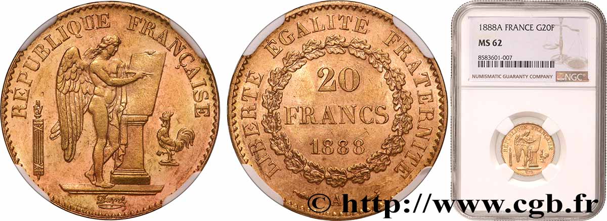 20 francs or Génie, Troisième République 1888 Paris F.533/11 SUP62 NGC