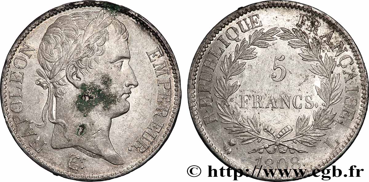 5 francs Napoléon Empereur, République française 1808 Bayonne F.306/9 TTB+ 