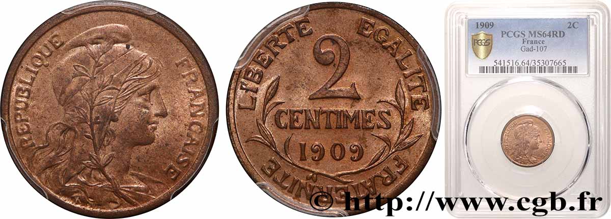 2 centimes Daniel-Dupuis 1909 Paris F.110/12 MS64 PCGS