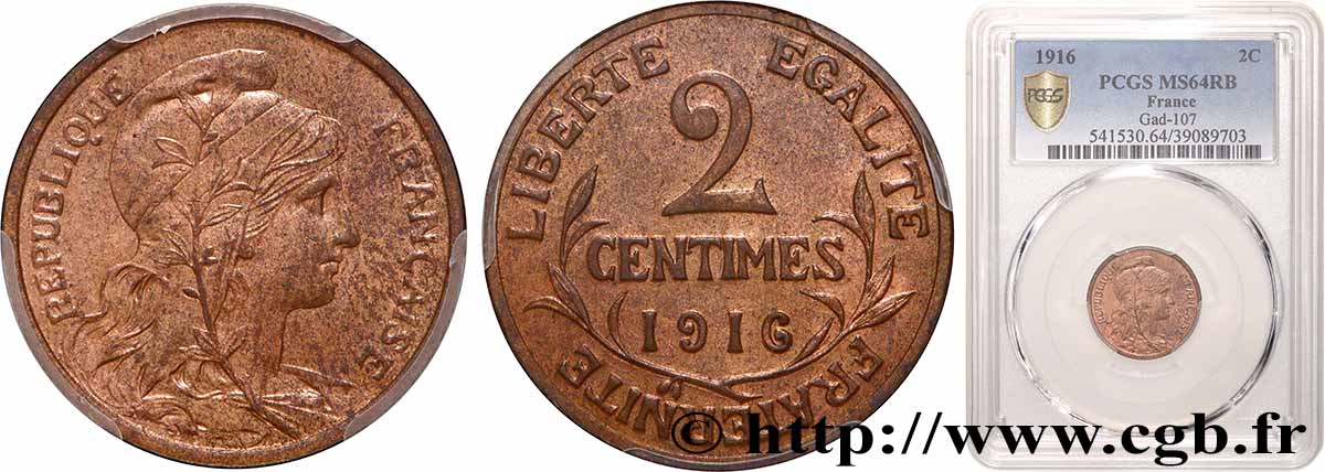 2 centimes Daniel-Dupuis 1916 Paris F.110/18 SPL64 PCGS