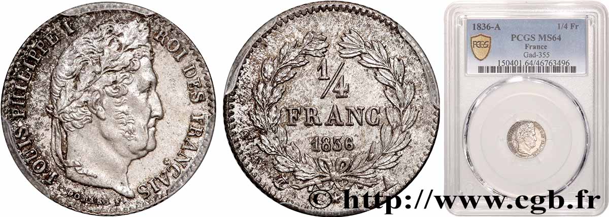 1/4 franc Louis-Philippe 1836 Paris F.166/59 MS64 PCGS