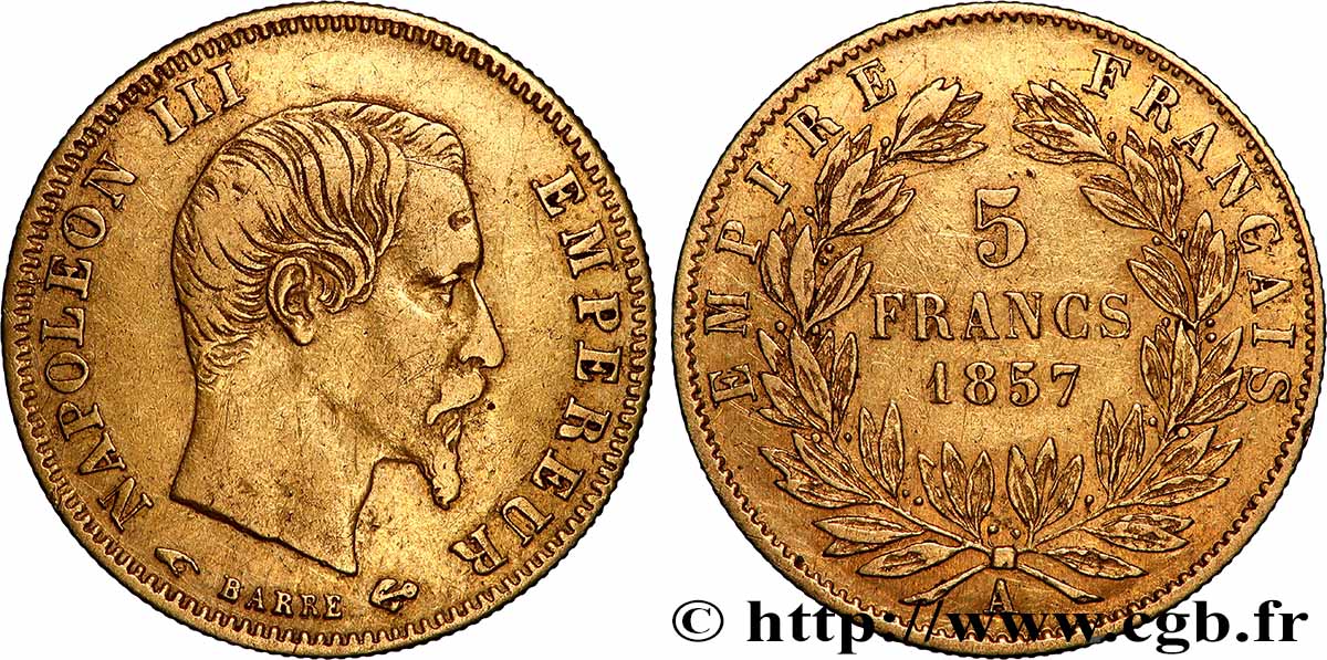 5 francs or Napoléon III, tête nue, grand module 1857 Paris F.501/4 MB 
