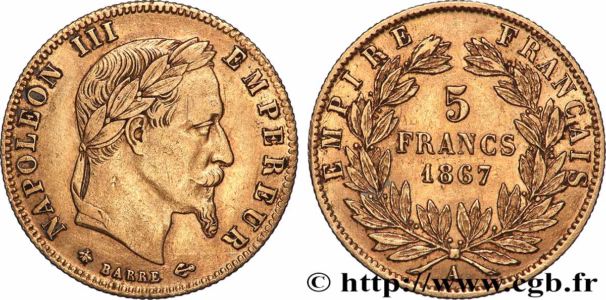 5 francs or Napoléon III, tête laurée 1867 Paris F.502/11 BB 