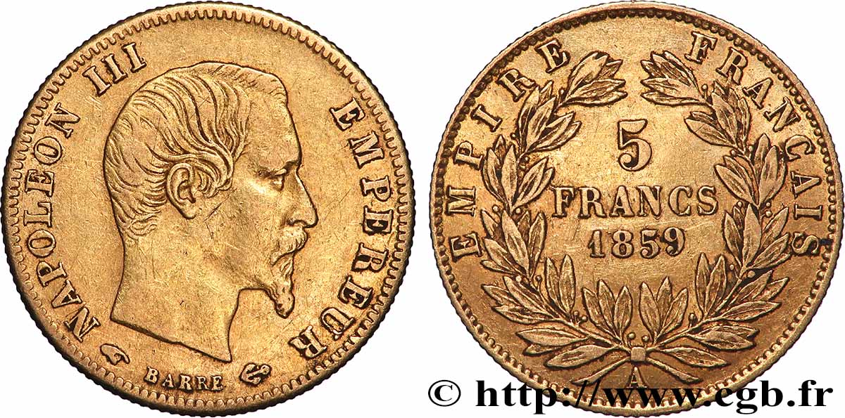5 francs or Napoléon III, tête nue, grand module 1859 Paris F.501/7 TTB 