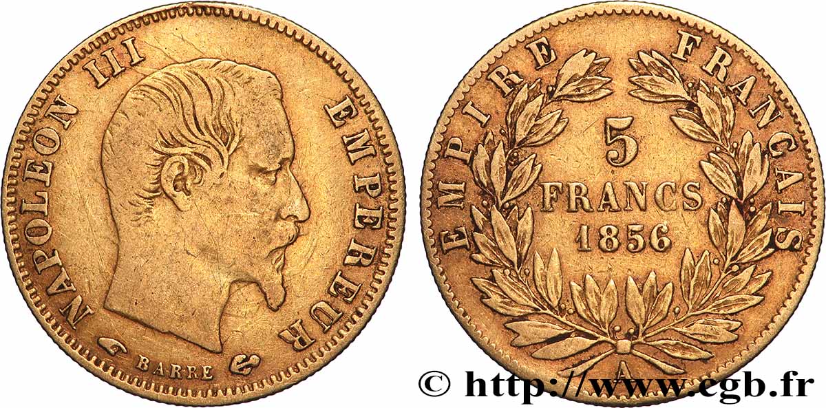 5 francs or Napoléon III, tête nue, grand module 1856 Paris F.501/2 MB 
