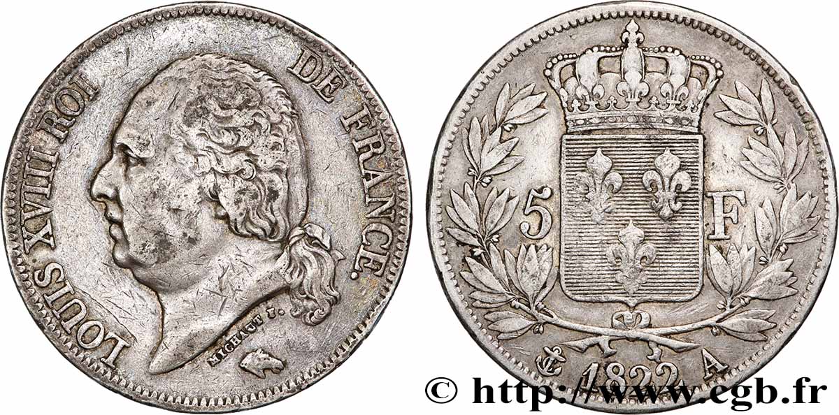 5 francs Louis XVIII, tête nue 1822 Paris F.309/68 VF 