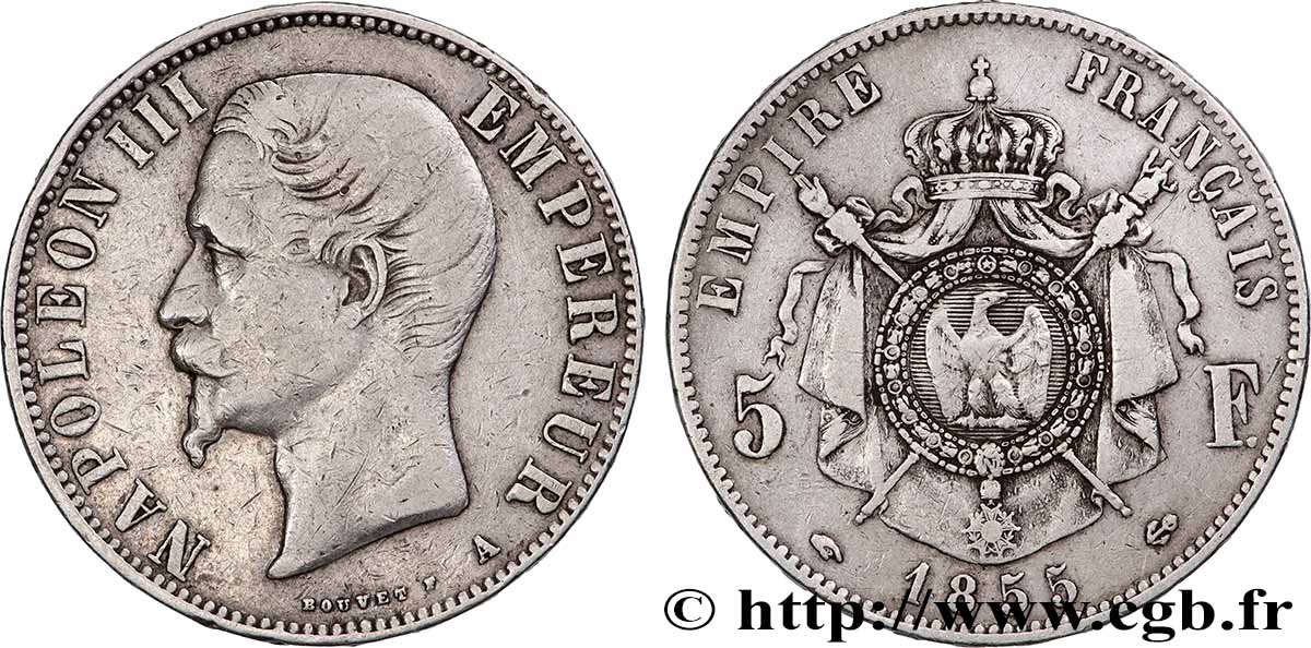 5 francs Napoléon III, tête nue 1855 Paris F.330/3 VF 