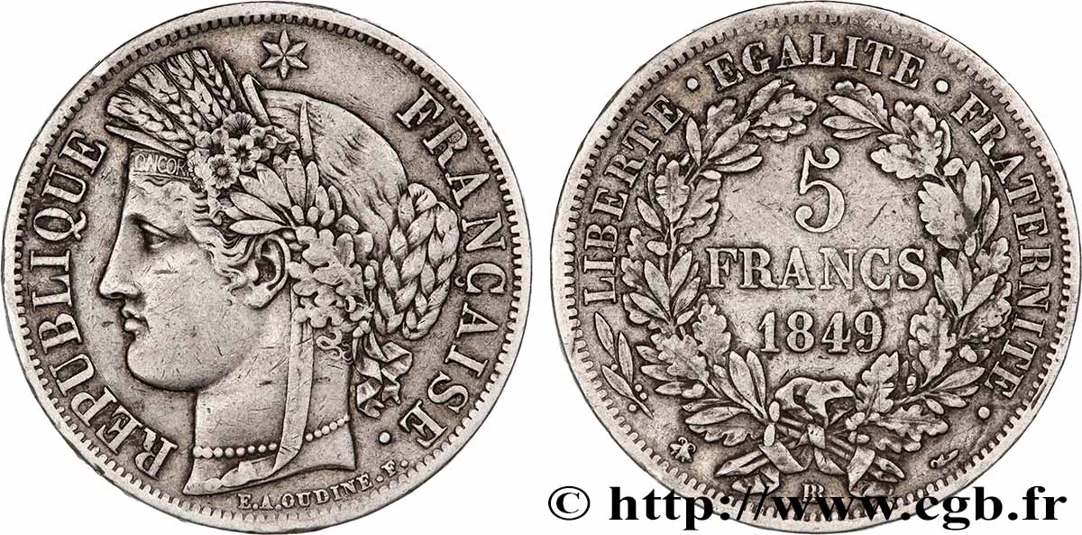 5 francs Cérès, IIe République 1849 Strasbourg F.327/3 VF 