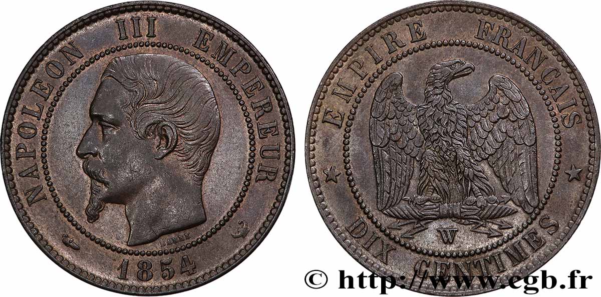 Dix centimes Napoléon III, tête nue 1854 Lille F.133/18 MS62 