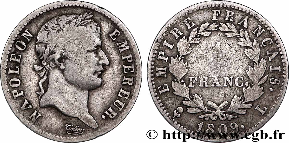 1 franc Napoléon Ier tête laurée, Empire français 1809 Bayonne F.205/6 F 