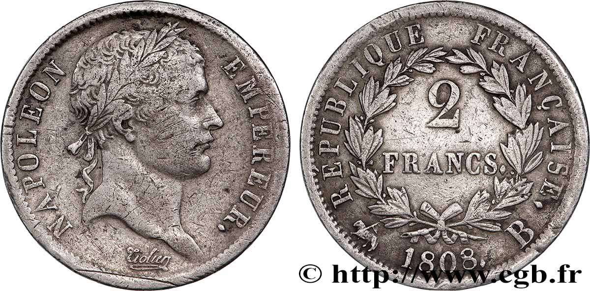 2 francs Napoléon Ier tête laurée, République française 1808 Rouen F.254/5 VF 