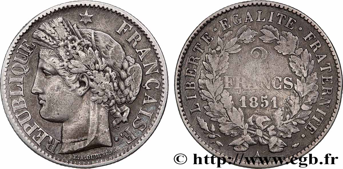 2 francs Cérès, IIe République 1851  Paris F.261/7 F 