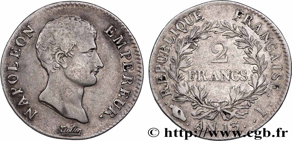 2 francs Napoléon Empereur, Calendrier révolutionnaire 1805 Limoges F.251/18 VF 