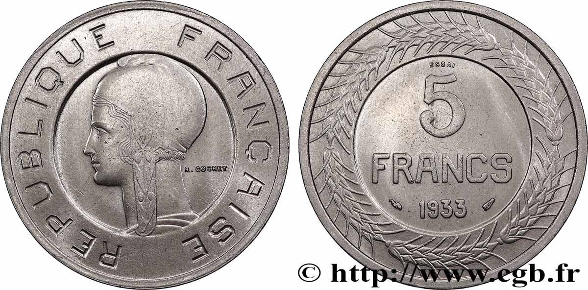 Concours de 5 francs, essai de Cochet en nickel 1933 Paris GEM.135 1 MS 