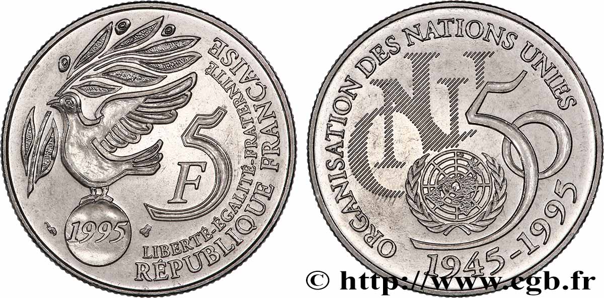 5 francs Cinquantenaire de l’ONU 1995 Pessac F.345/1 SUP62 