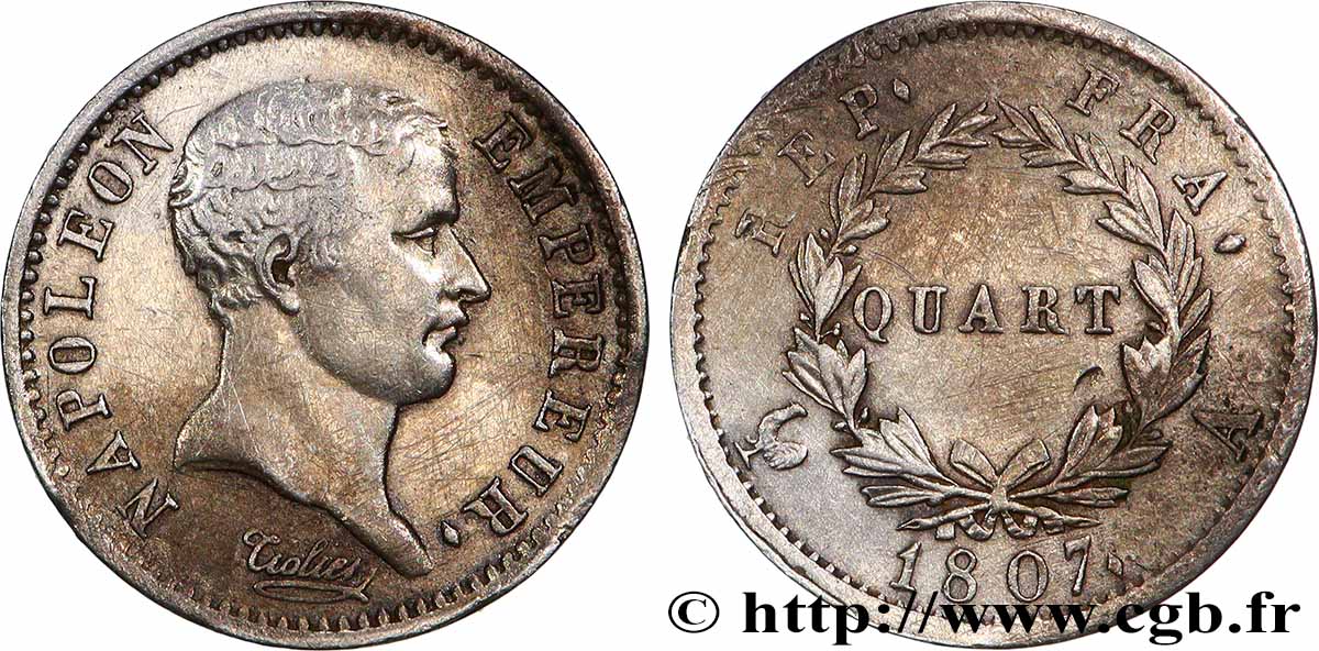 Quart (de franc) Napoléon Empereur, tête de nègre 1807 Paris F.160/1 TB 