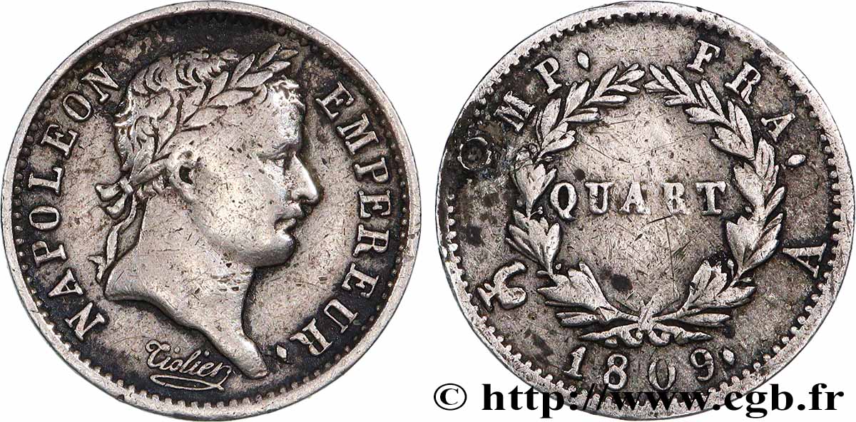 Quart (de franc) Napoléon Ier tête laurée, Empire français 1809 Paris F.162/1 F 