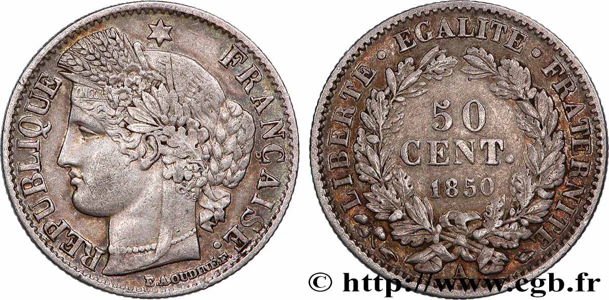 50 centimes Cérès, IIe République 1850 Paris F.184/2 XF 