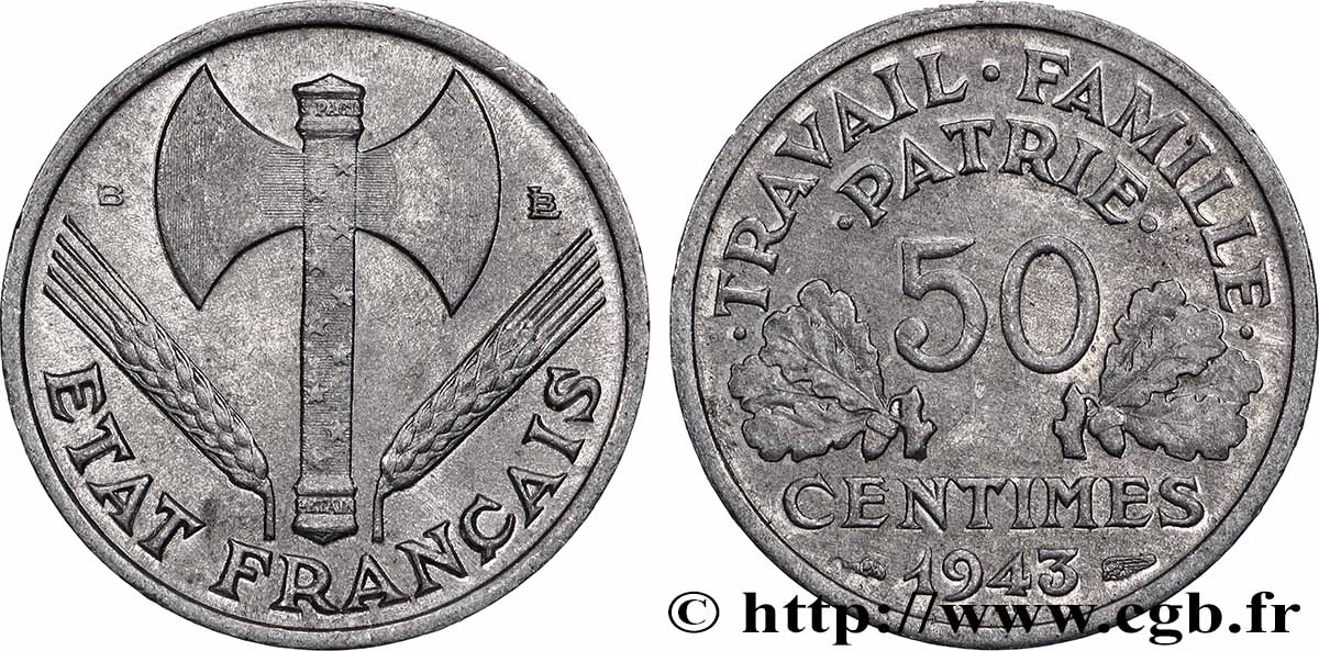 50 centimes Francisque, légère 1943 Beaumont-Le-Roger F.196/3 MS 