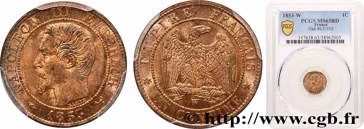Un centime Napoléon III, tête nue 1853 Lille F.102/8 MS63 PCGS