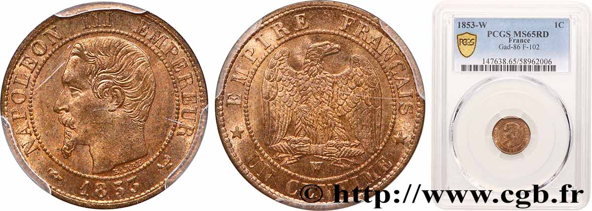 Un centime Napoléon III, tête nue 1853 Lille F.102/8 MS65 PCGS