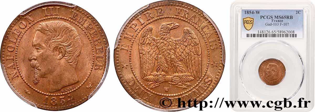 Deux centimes Napoléon III, tête nue 1854 Lille F.107/18 FDC65 PCGS