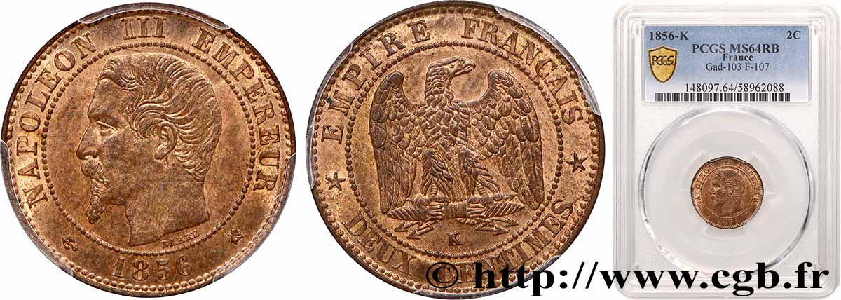 Deux centimes Napoléon III, tête nue 1856 Bordeaux F.107/41 SC64 PCGS