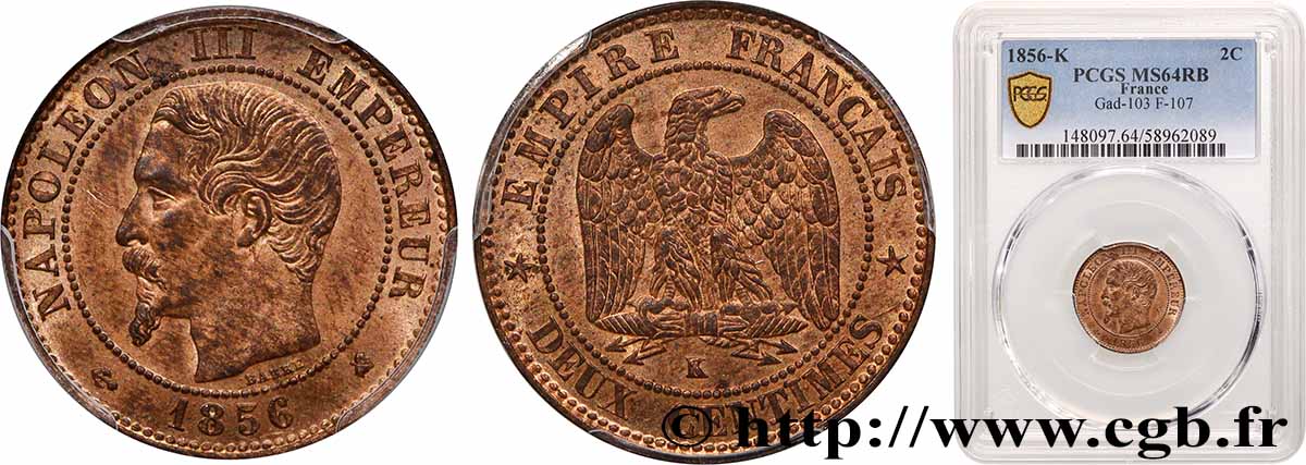 Deux centimes Napoléon III, tête nue 1856 Bordeaux F.107/41 SPL64 PCGS