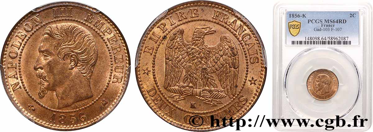 Deux centimes Napoléon III, tête nue 1856 Bordeaux F.107/41 SPL64 PCGS