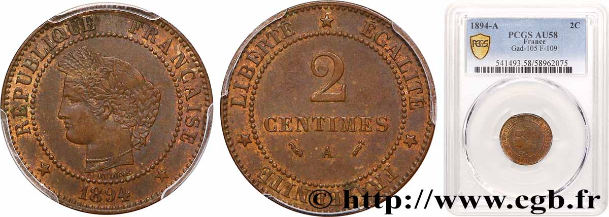 2 centimes Cérès 1894 Paris F.109/20 AU58 PCGS